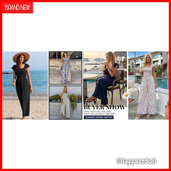 Summer Jumpsuit Wide Leg Smocked Bust Pockets Lightweight Polyester Spandex - Picture 7 of 7